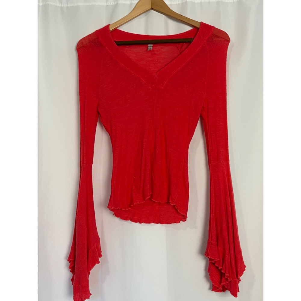 Free People Red Ruffle Boho Whimsigoth Renaissance Bell Sleeve Knit Top XS